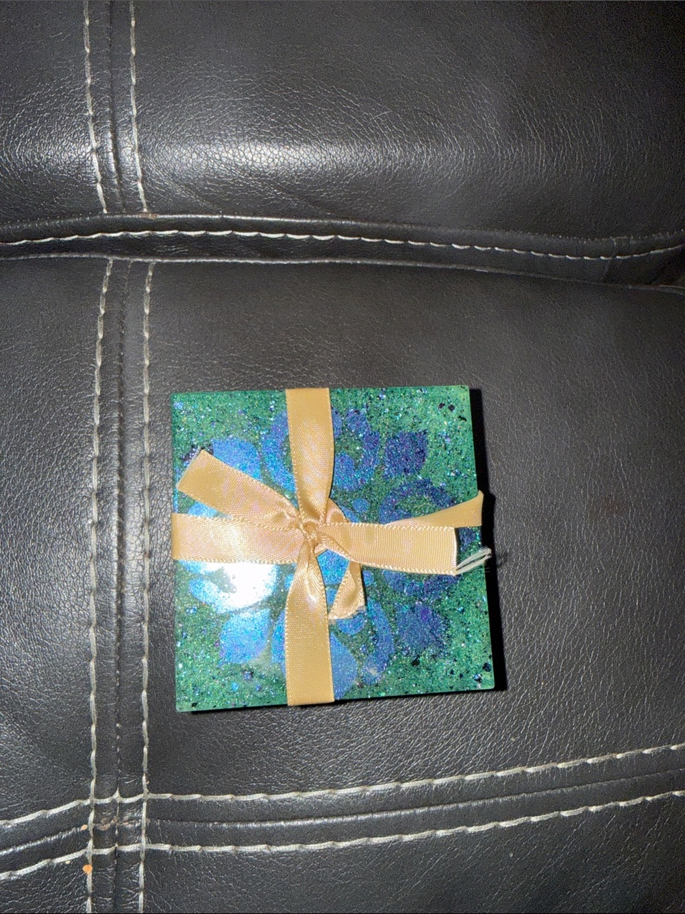 Handmade Green and Blue/Purple changing color Coaster Set of 4 with Gold Bow